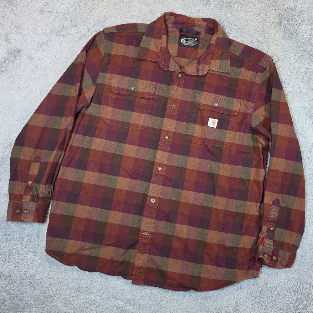Carhartt Flannel Shirt Mens XL Burgundy Plaid Loose Fit Cotton Workwear 105078